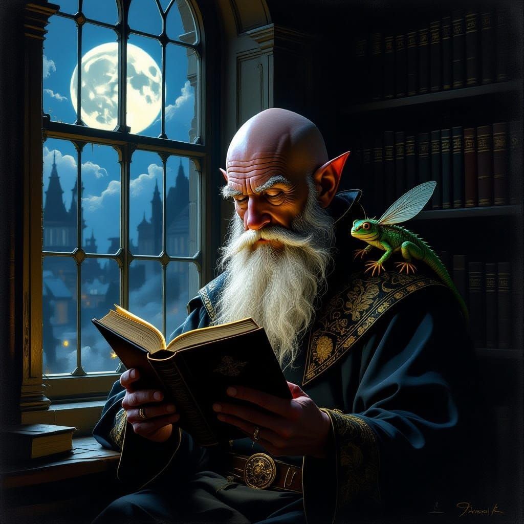 Bald Wizard with Fly Lizard Reads by Moonlight