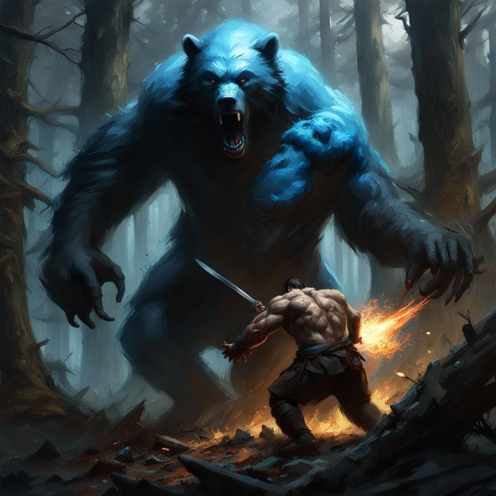 Smurf and Bear Battle in Dark Oiled Forest