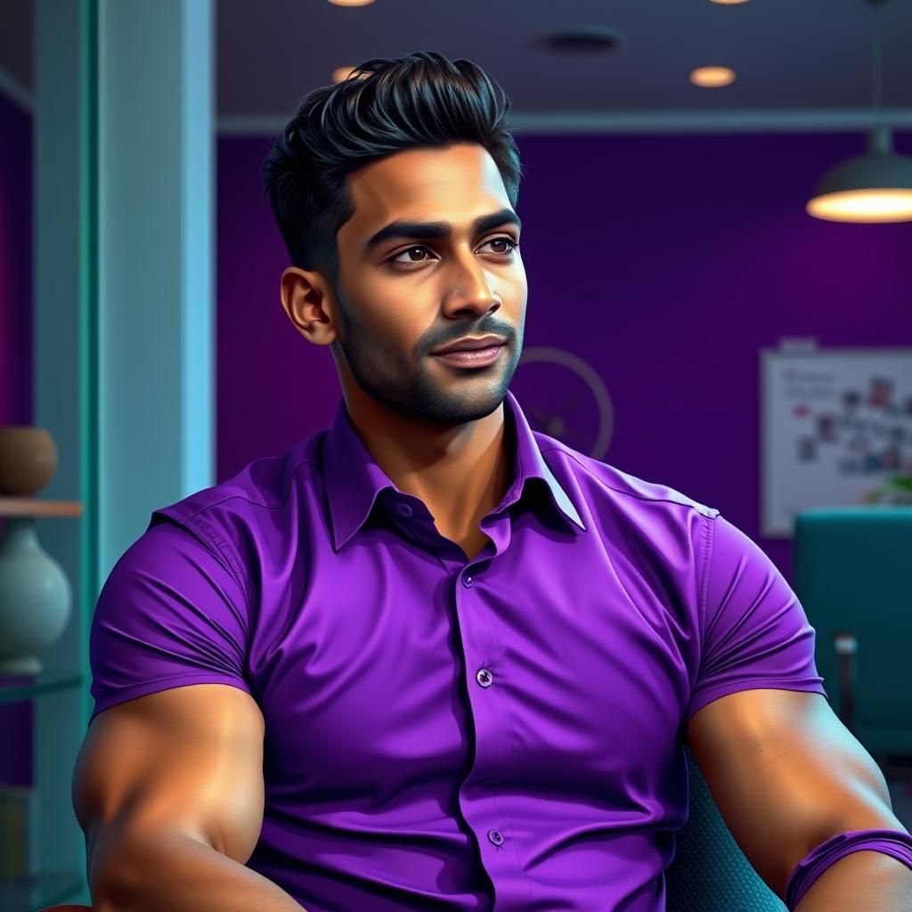 Handsome Indian Man in Purple Shirt, Hyperrealistic Style