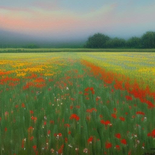 Lush Flower Field in Oil Painting Style