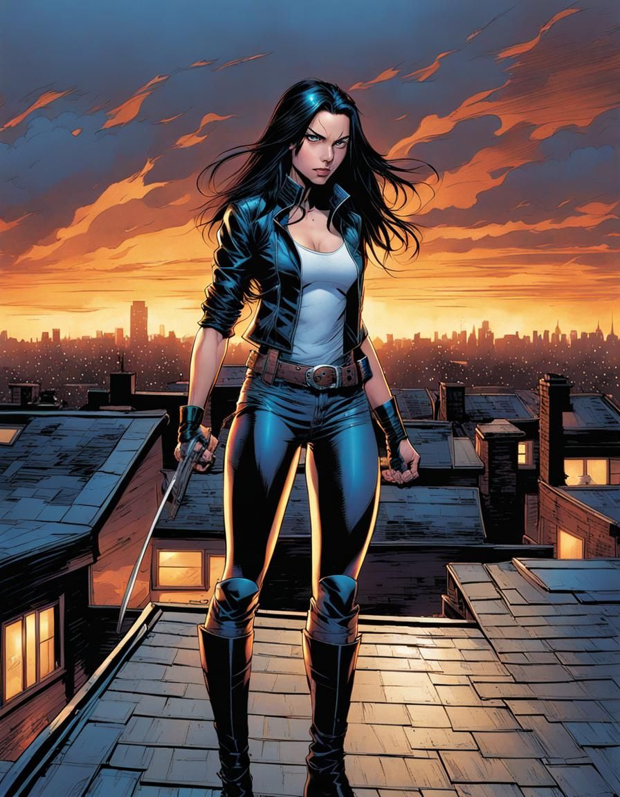 X-23 Rooftop Scene in Comic Book Style