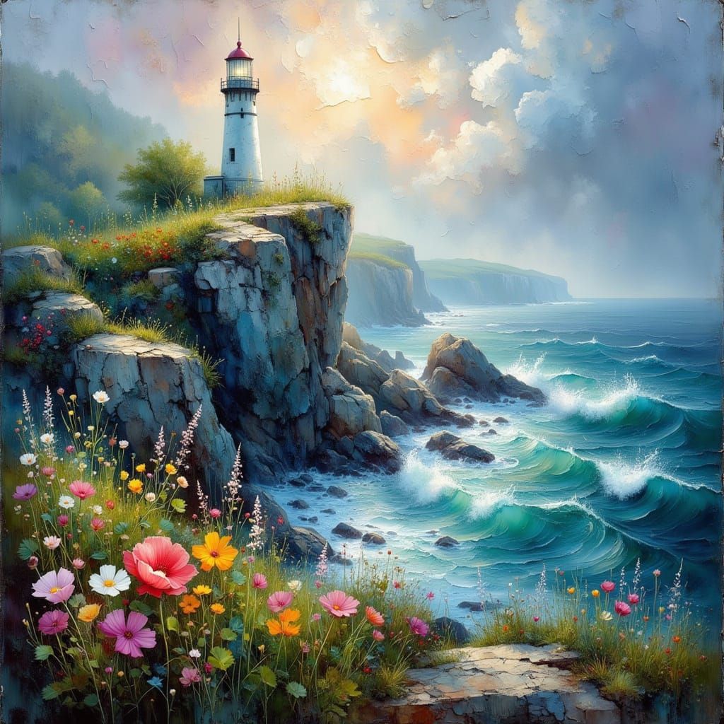 Lighthouse in Foggy Storm, Impressionist Oil Painting