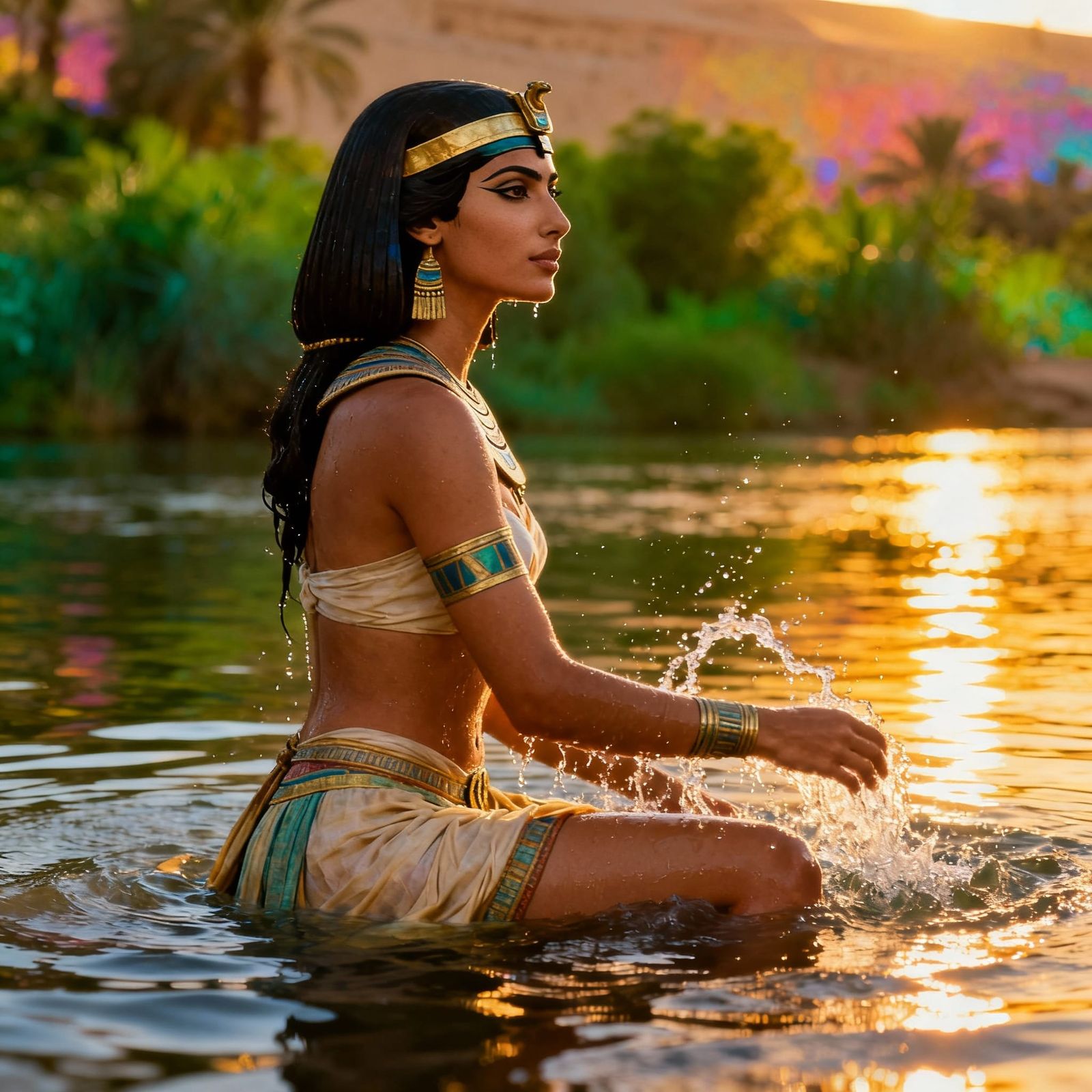Photo-Realistic Ancient Egyptian Woman Bathes in Nile River
