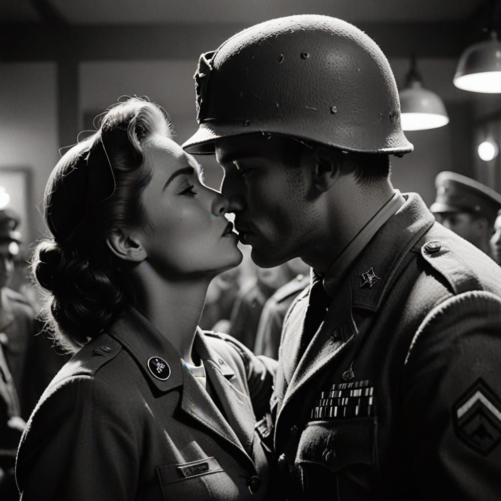 Soldier's Kiss: A Romantic Moment in Black and White