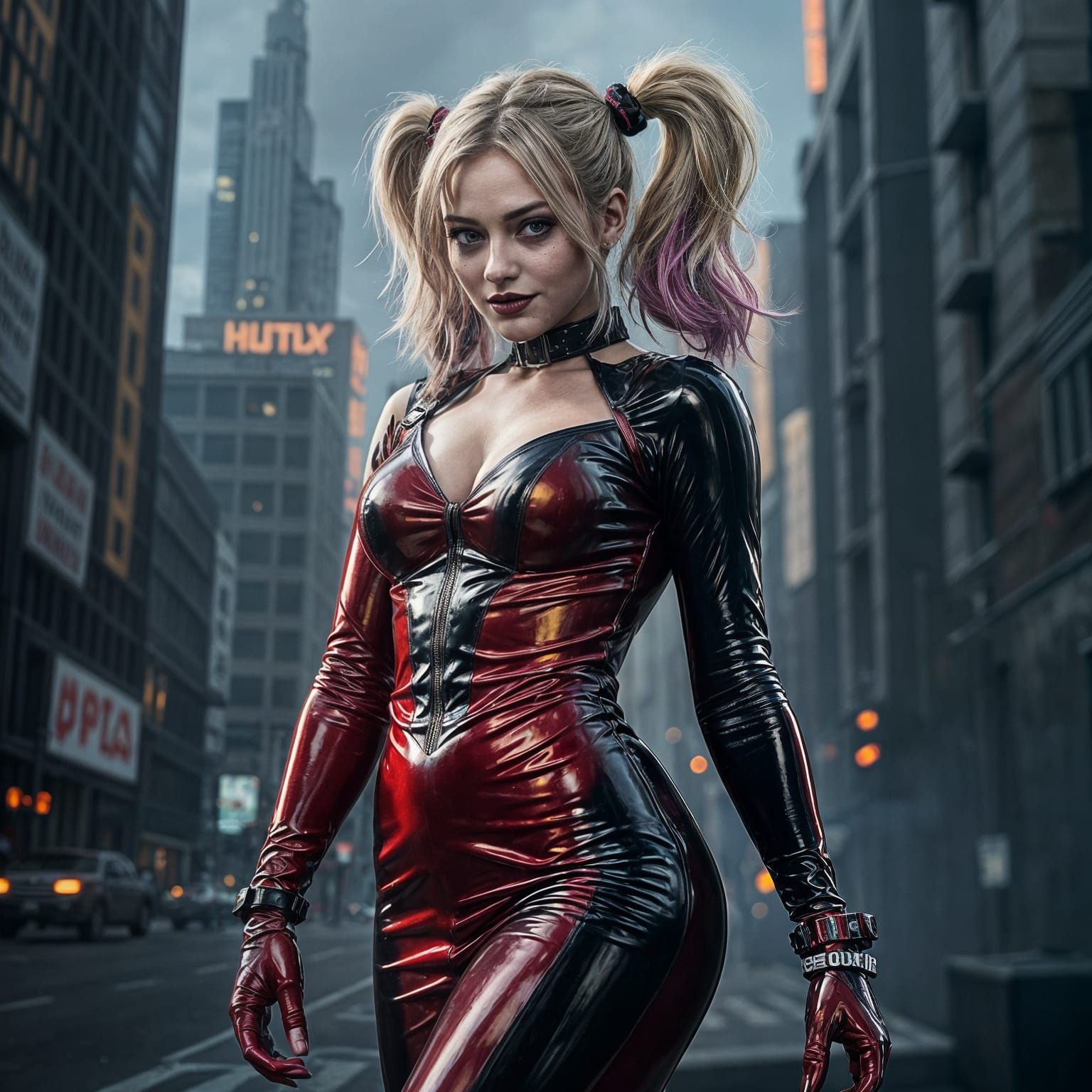 Harley Quinn in Latex Dress in Dystopian Setting