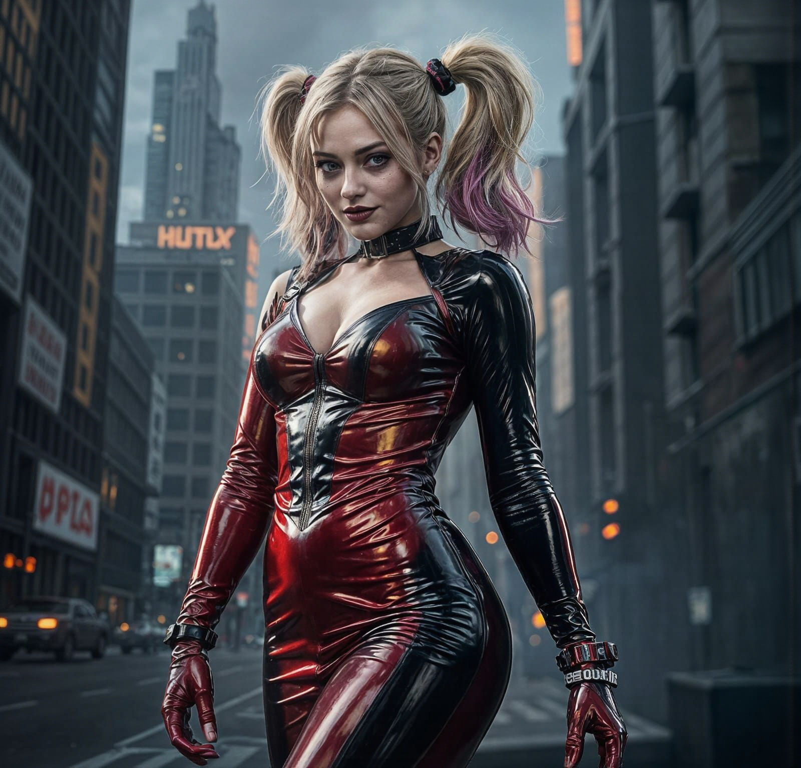 Harley Quinn in Shiny Latex in Dystopian City