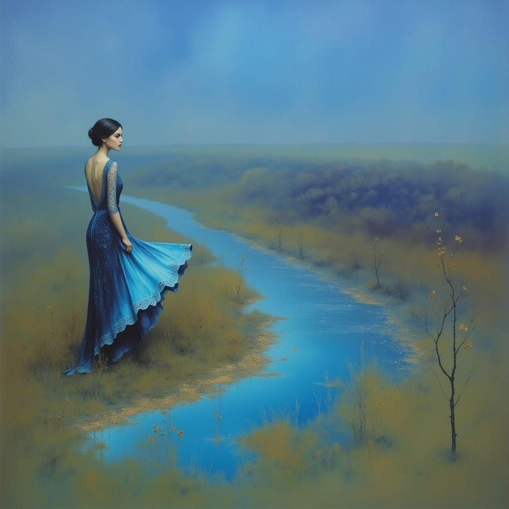 Ethereal Woman in Cobalt Blue Gown Amidst Kaleidoscopic Twil...
