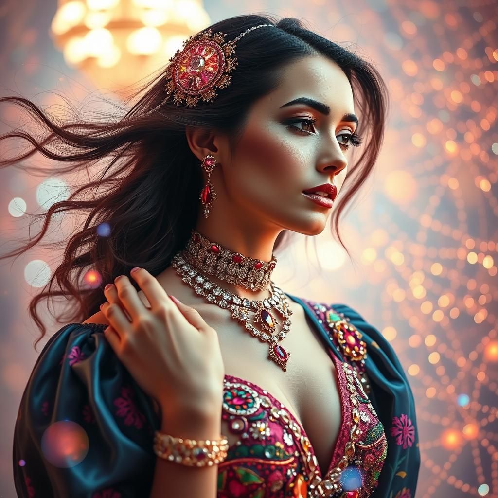 Woman in Dreamlike Glittering Setting