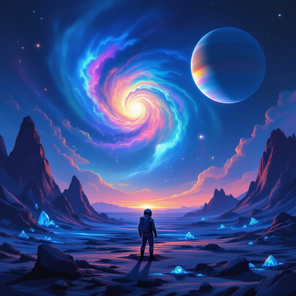 Astronaut Gazes at Cosmic Nebula on Alien World