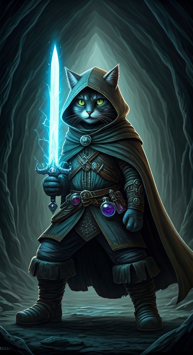 Mystical Feline Warrior in Dark Cavern