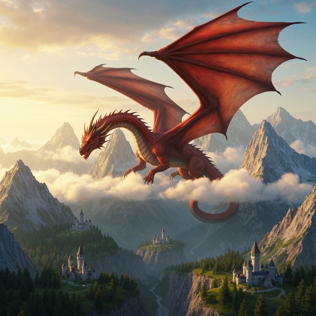 Colossal Red Dragon Sleeping Across Mountains in Sunset Ligh...