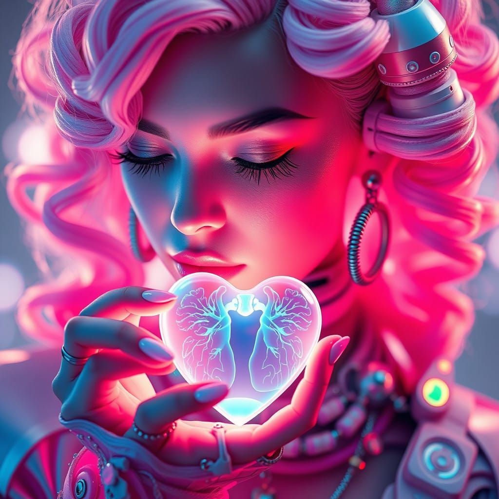 Cyborg Noble Woman Radiates Soft, Pulsing Light