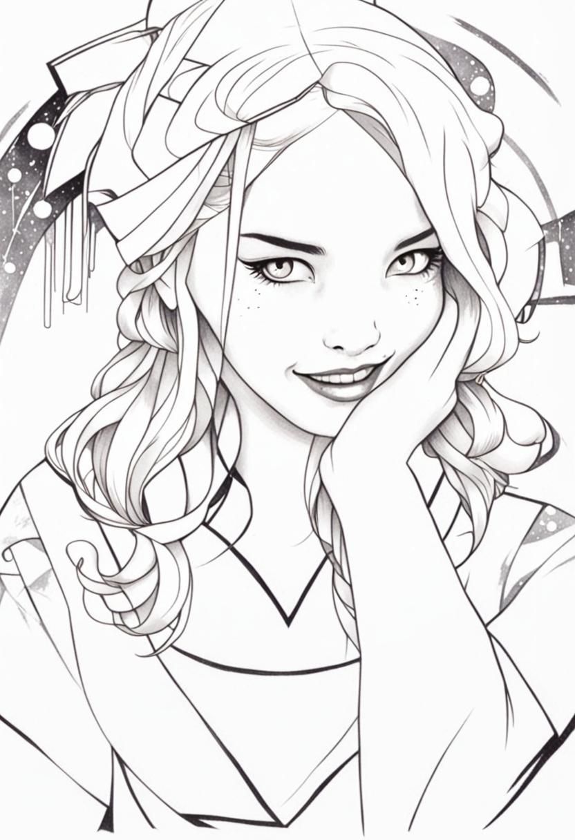 Embarrassed Girl: Monochromatic Gothic Art Deco Drawing