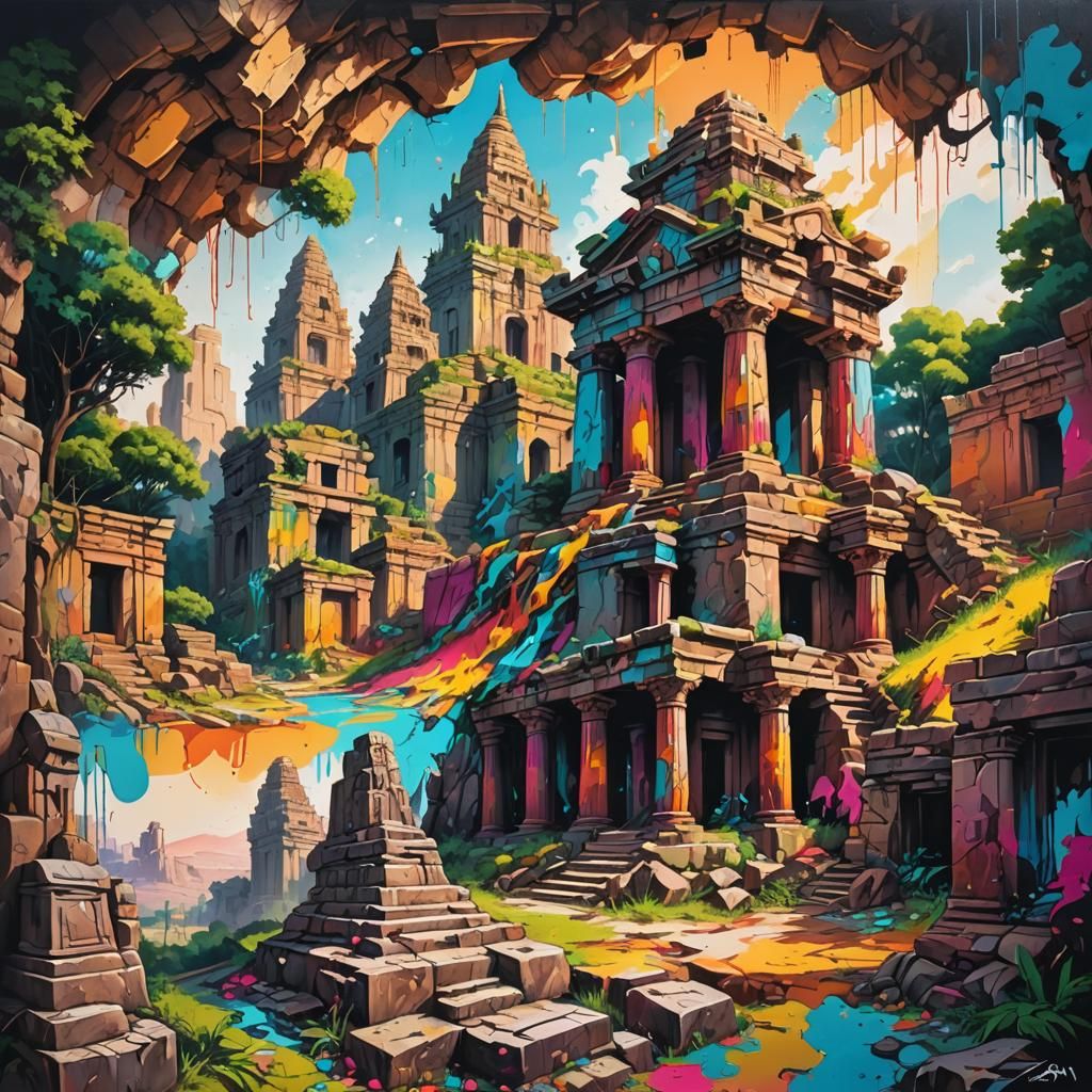 Graffiti Ruins: Ancient Temple Splash Art
