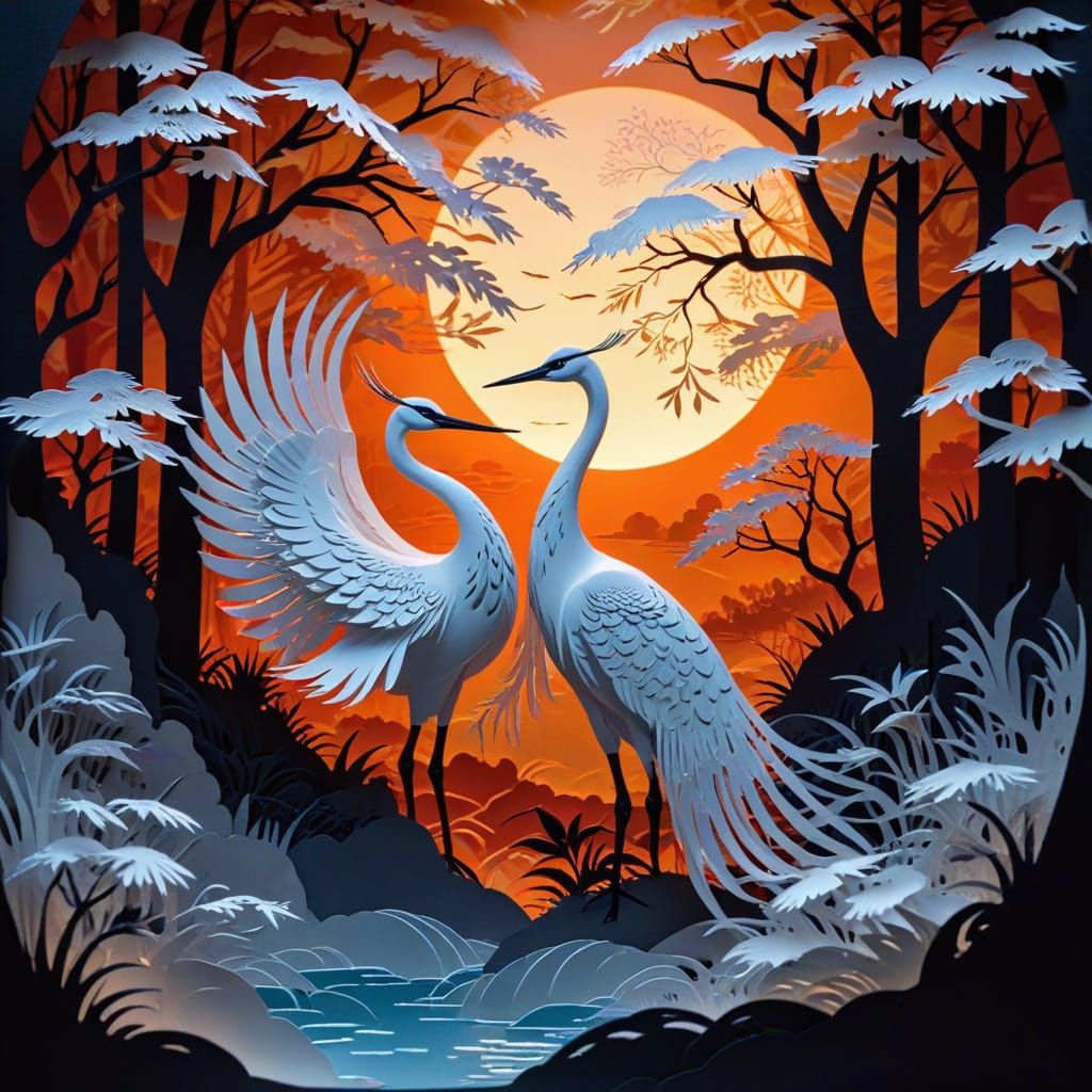 Intricate Kirigami Cranes in Layered Japanese Scenery