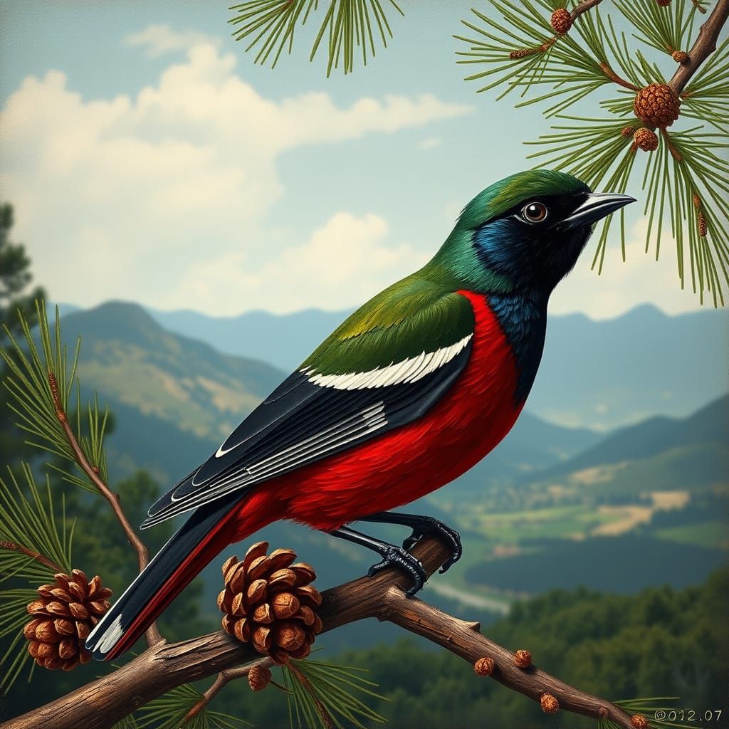 Ornate Bird on Branch in Classic Artistic Style