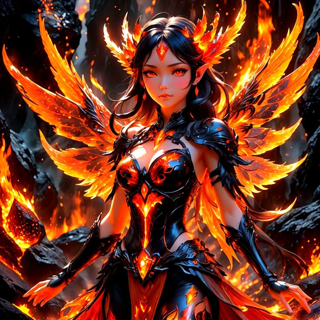Fiery Anime Fairy with Lava and Crystal Details