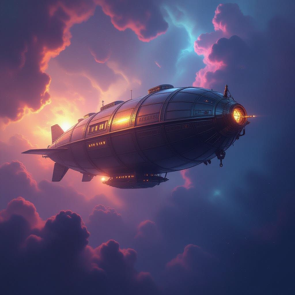 Ancient Airship in Vivid Nebula: Concept Art Style