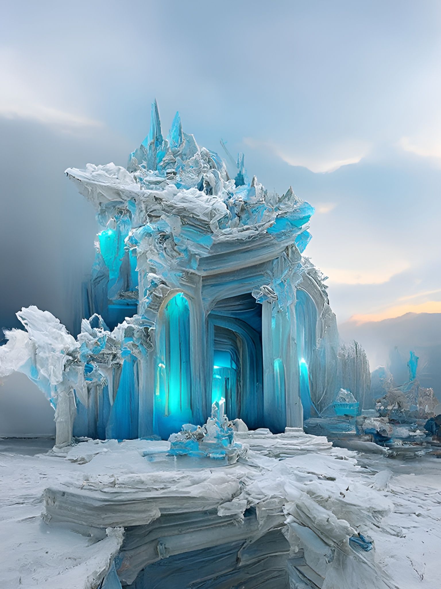 Ethereal Ice Temple Panorama in Digital Art Style