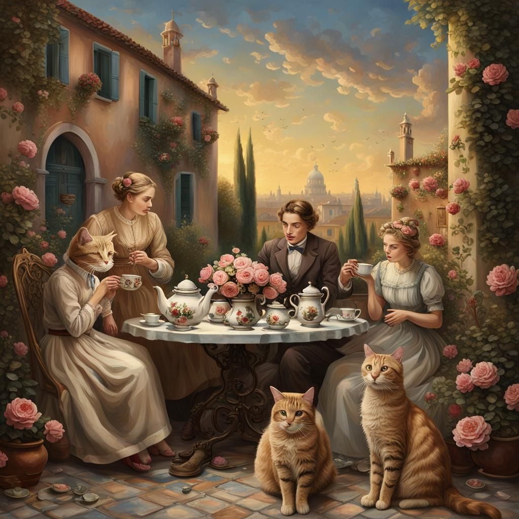 Italian Courtyard Tea Party: Detailed Matte Painting