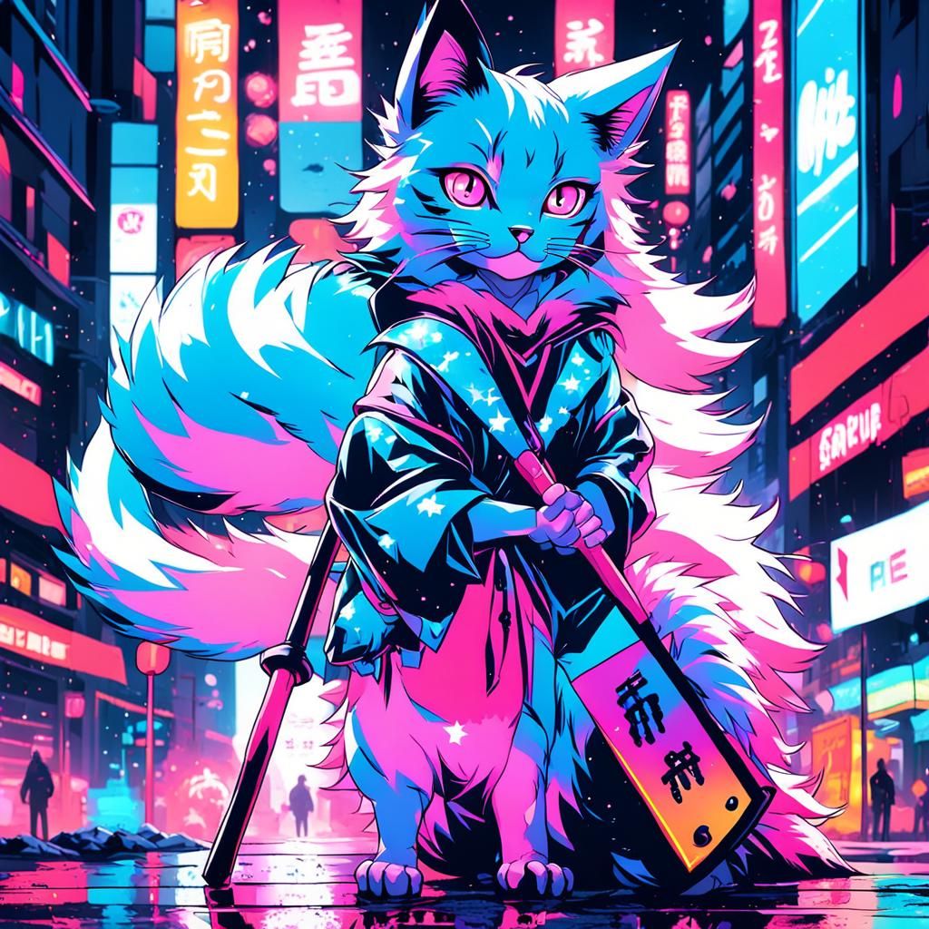 Anime Catgirl with Mallet in Cityscape