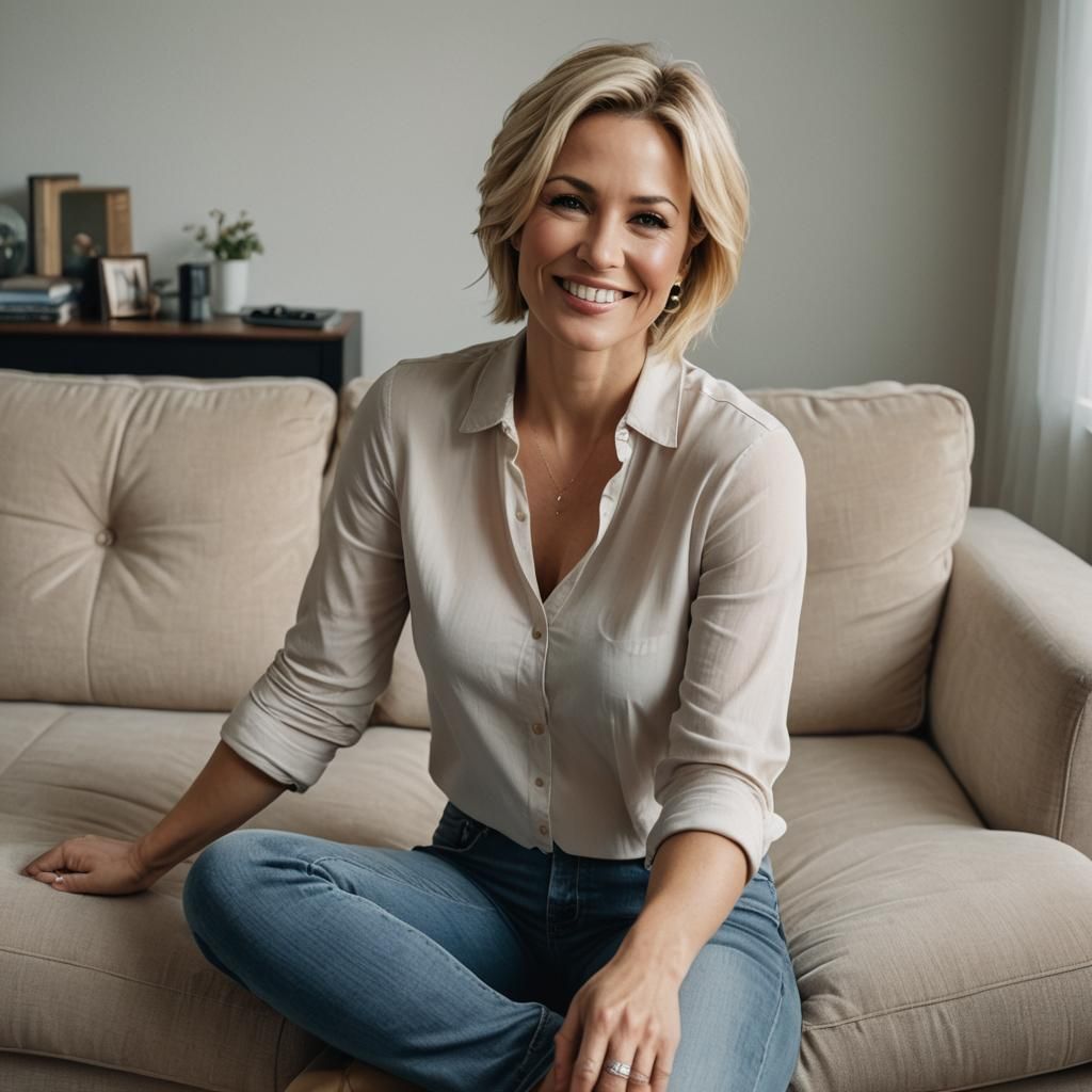 Sensual Blonde Woman with Naughty Smile in Living Room