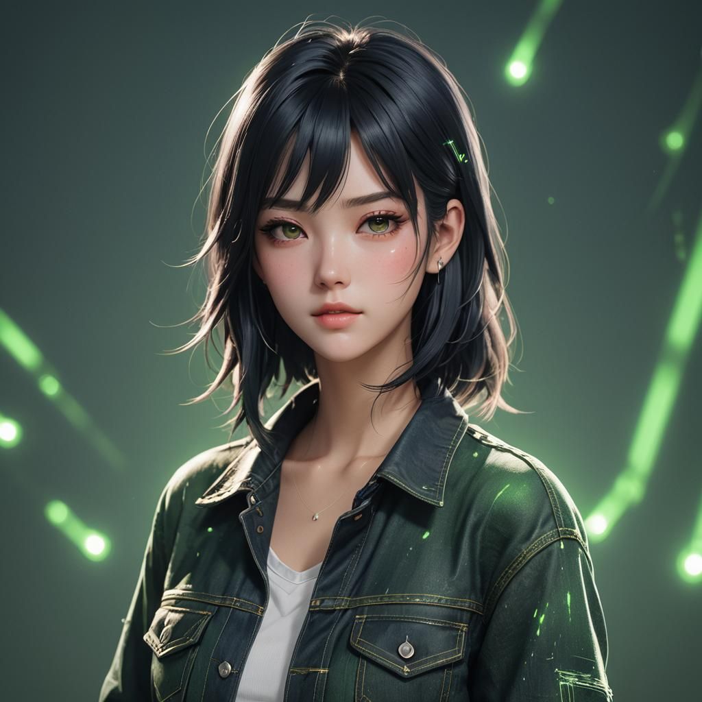 Anime Portrait of Girl with Green Glow