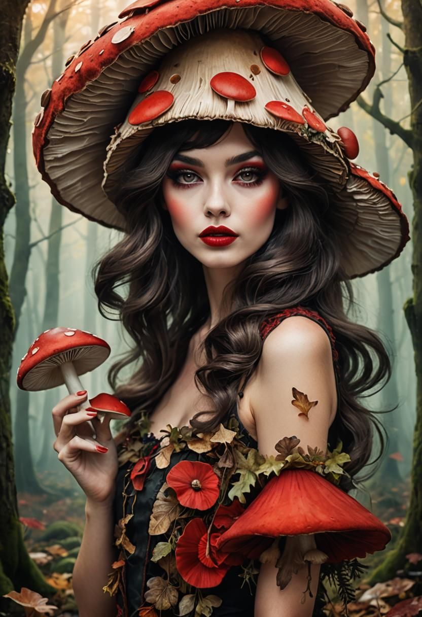 Woman with Mushroom Hat in Enchanted Autumn Forest