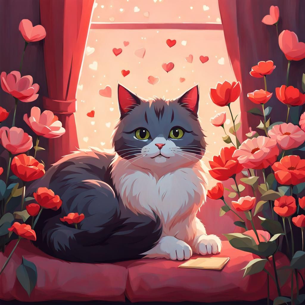 Cute Cat Surrounded by Flowers in Ghailan Style