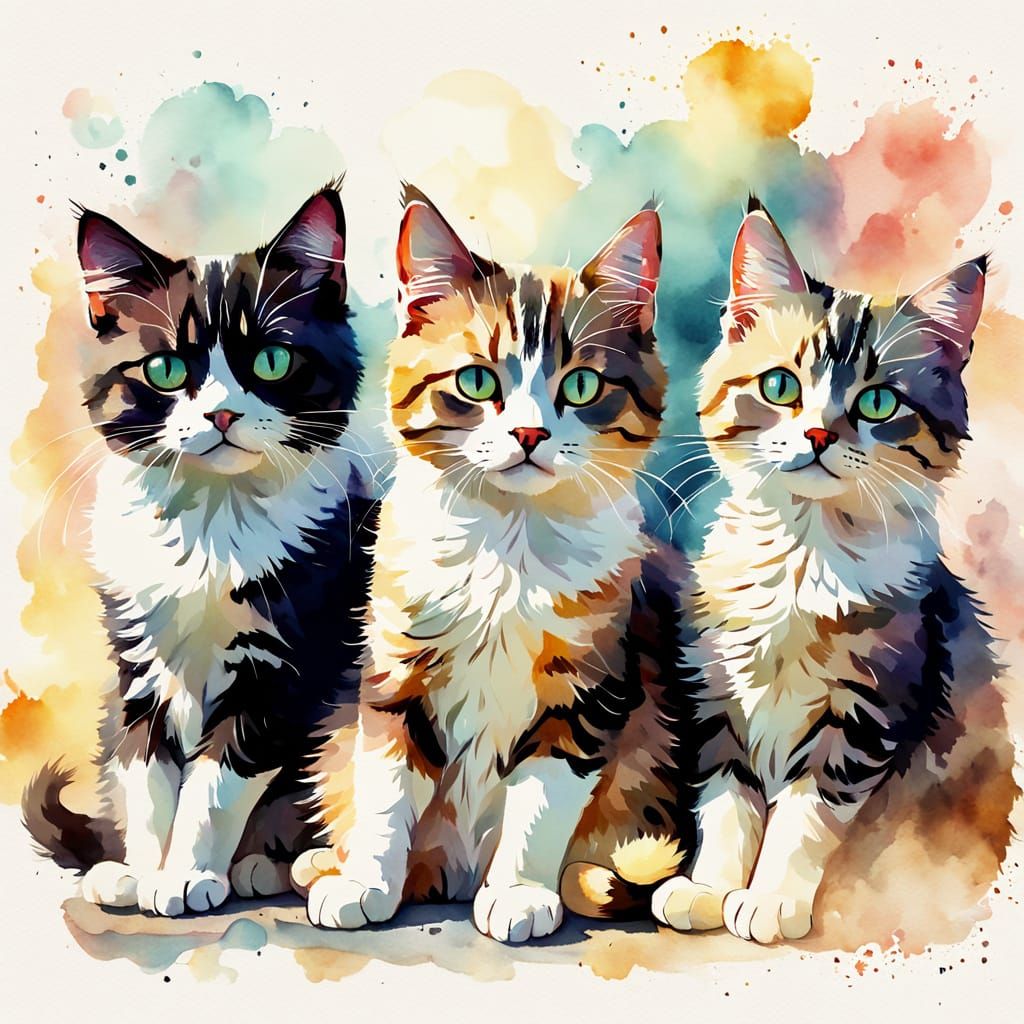 Cats Together in Dreamy Watercolor Digital Art