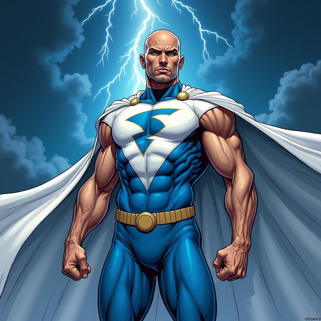 Chiseled Superhero in Stormy Night Sky Illustration