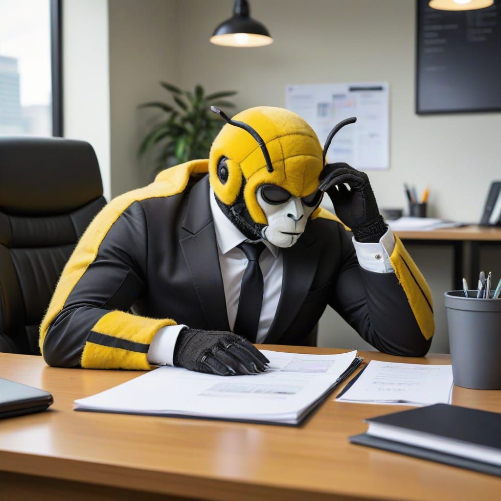 Bumblebee in Suit Sleeping at Office Desk