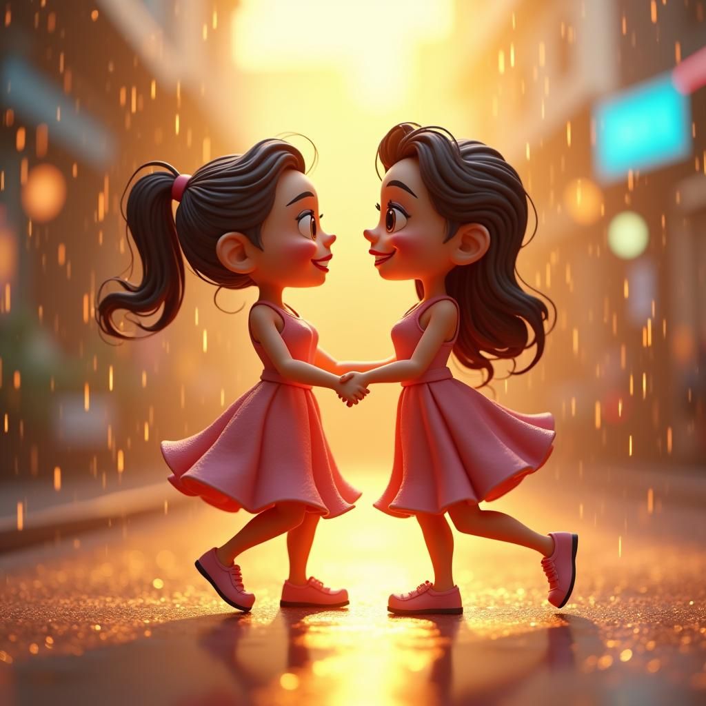Joyful Couple Dancing in Rainy 3D Render