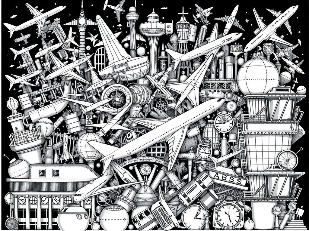 Detailed Black and White Airport Collage Illustration