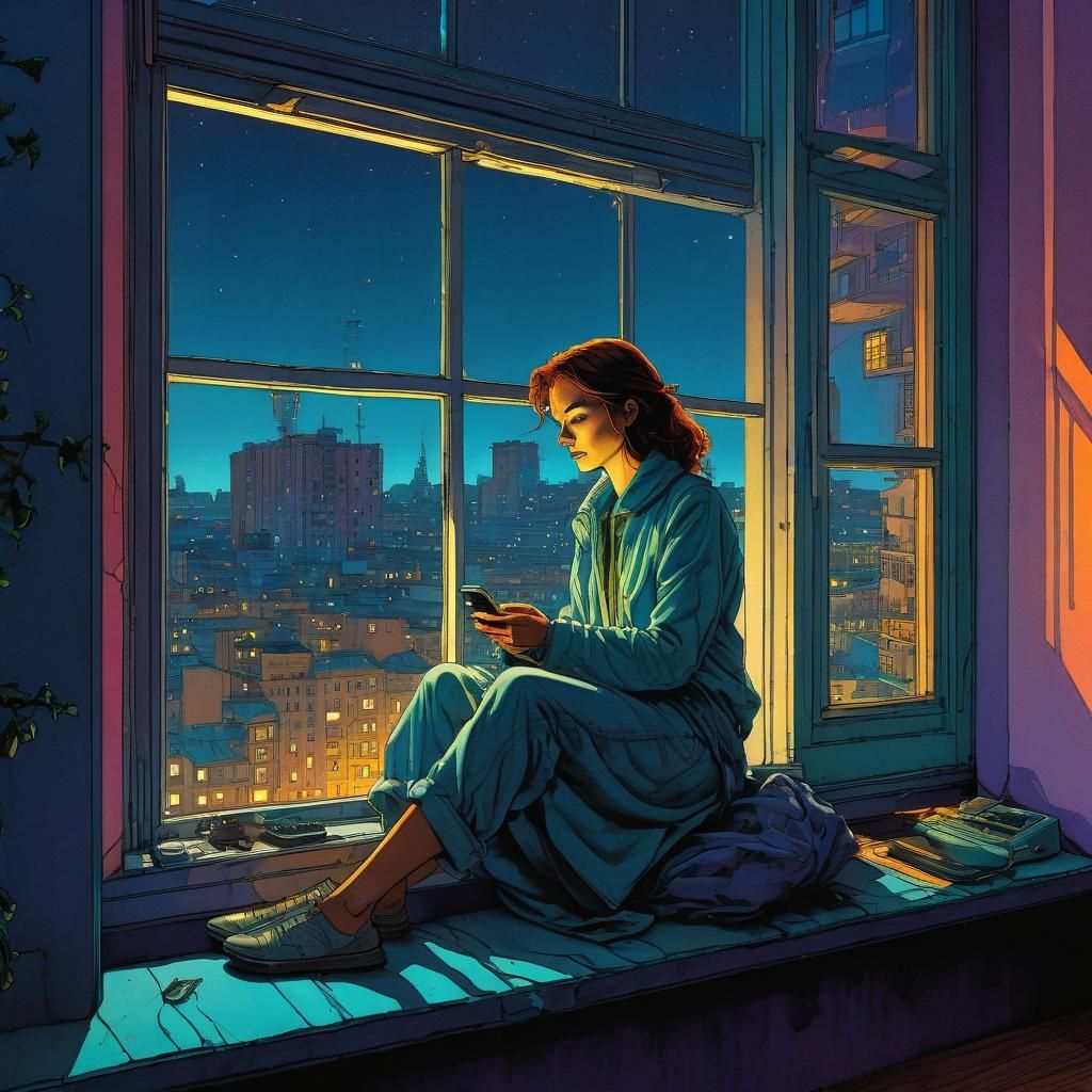 Girl on Windowsill at Night in Moebius Style