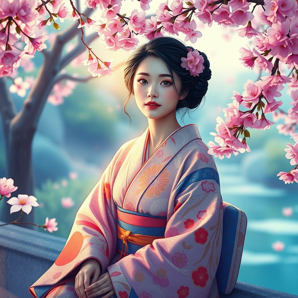 Dreamlike Woman in Cherry Blossom Garden