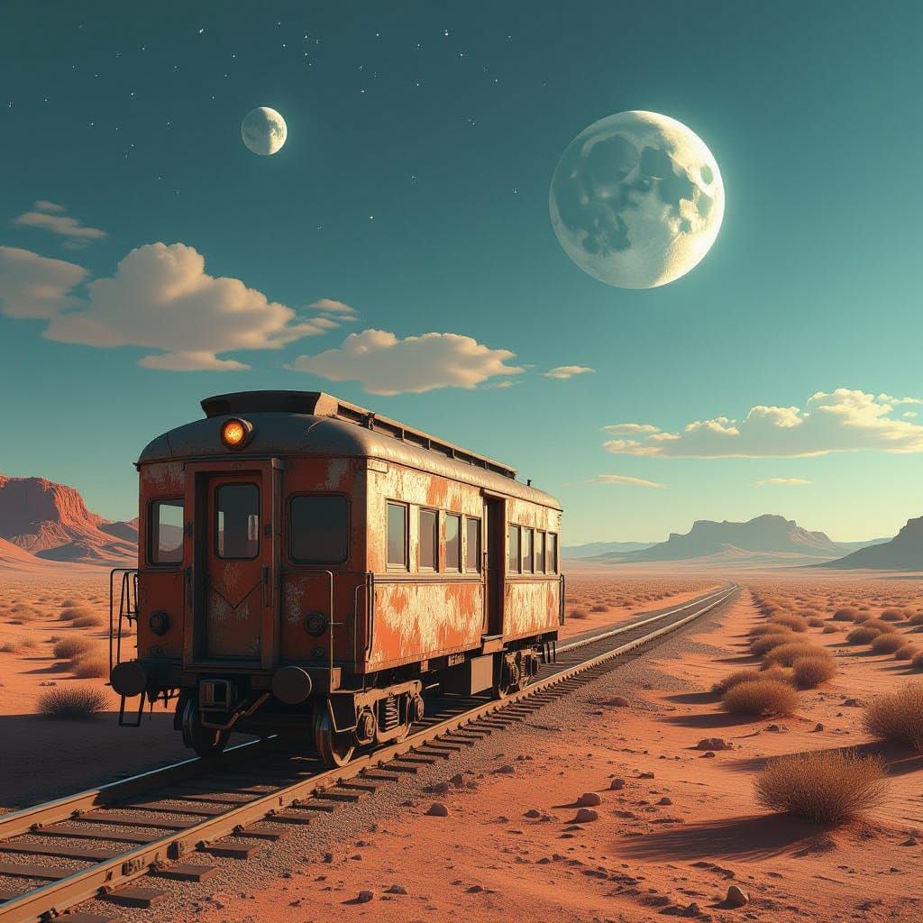 Abandoned Alien Train Carriage Under Two Moons