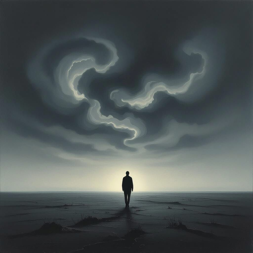 Existential Dread in Surreal Monochromatic Landscape