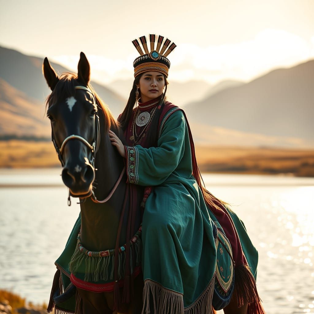 Shaman Woman on Horse by Lake in Sunlight