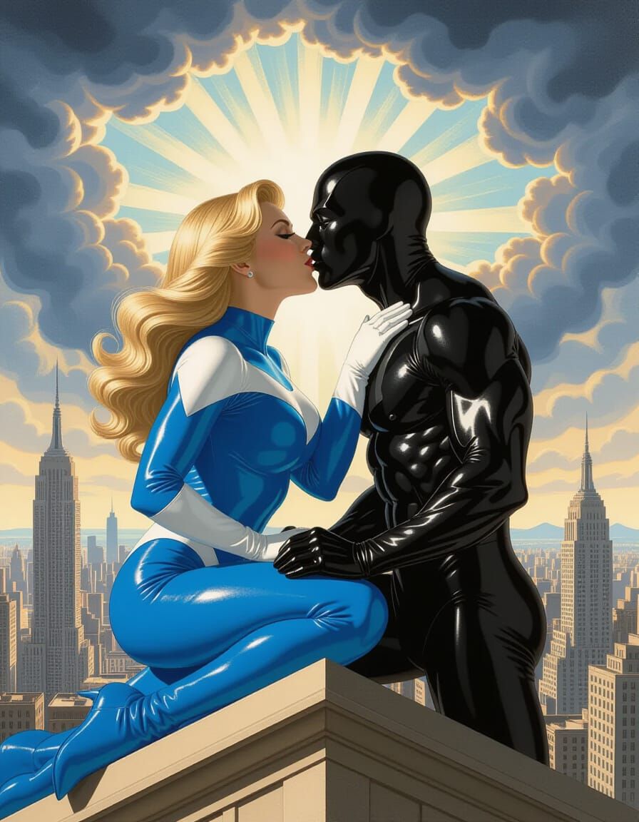 Renaissance Superheroine Kissing Supervillain on Skyscraper ...