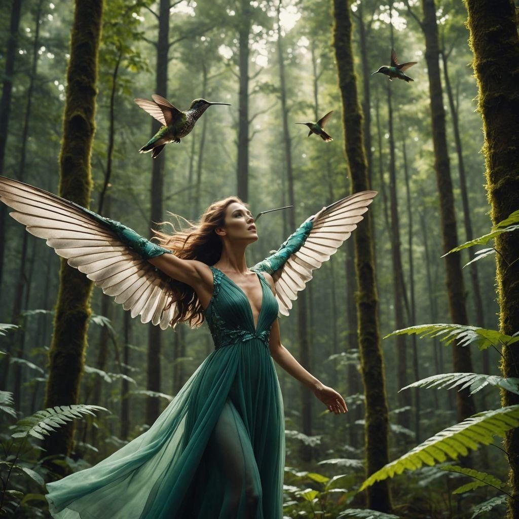Hummingbird Spreads Wings Above Lady in Forest, Cinematic