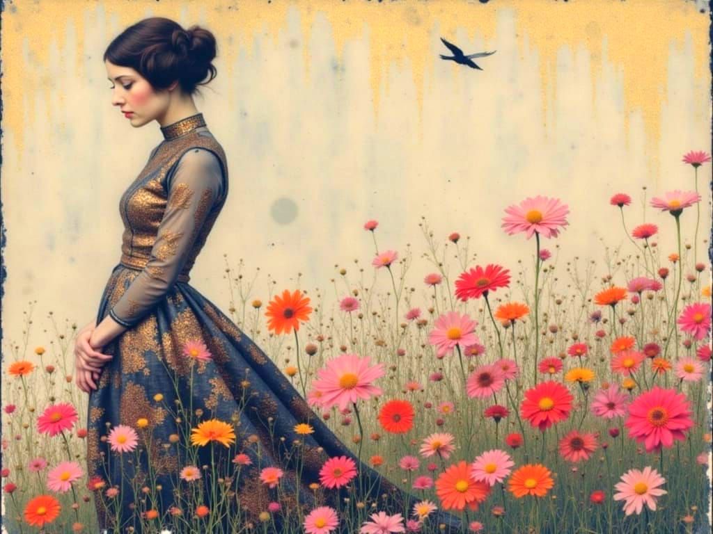 Woman with Floral Background in Klimt-Inspired Style