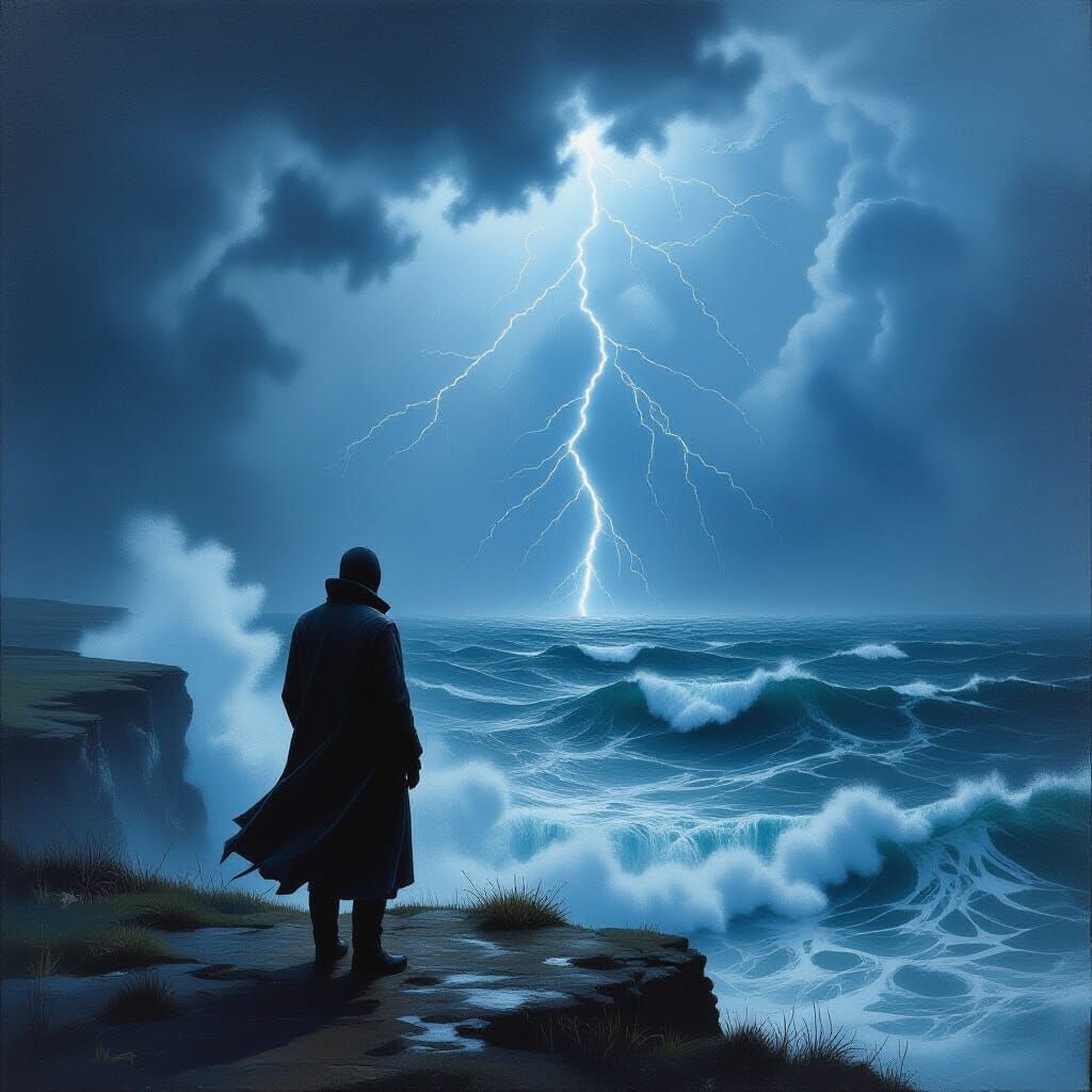 Lone Figure on Stormy Cliff Edge Oil Painting