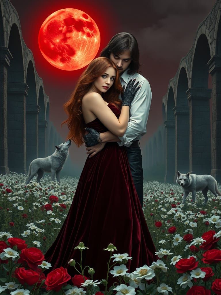 Gothic Romance: Woman in Velvet Gown Under Crimson Moon