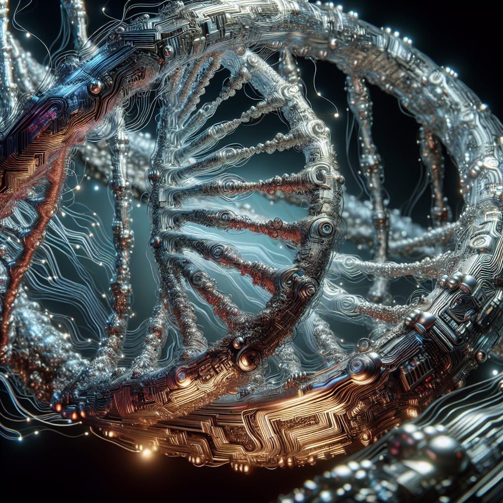 a human dna strand mixed with cybernetics created by  artificial intelligence, highly detailed, 8k resolution
