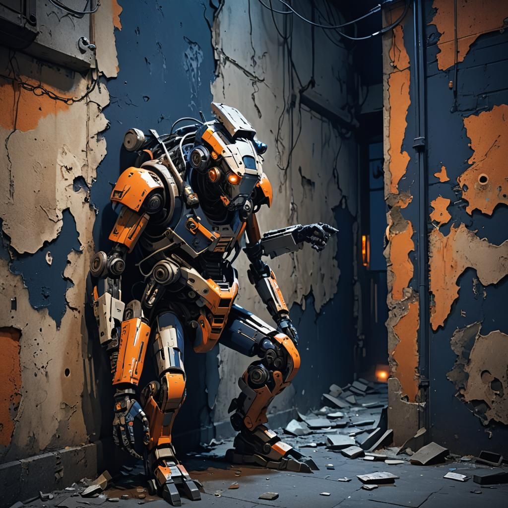 Biopunk Cyborg Hiding in Ruined City