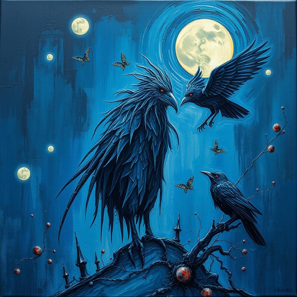 Eerie Scarecrow and Raven in Dystopian Art Deco Style