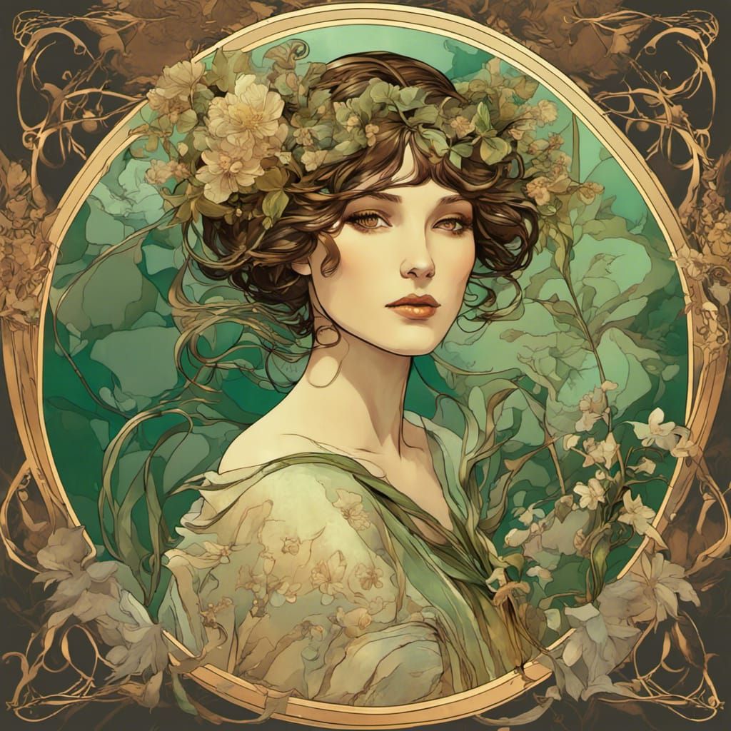 Art Nouveau Woman with Syringa Flower Frame