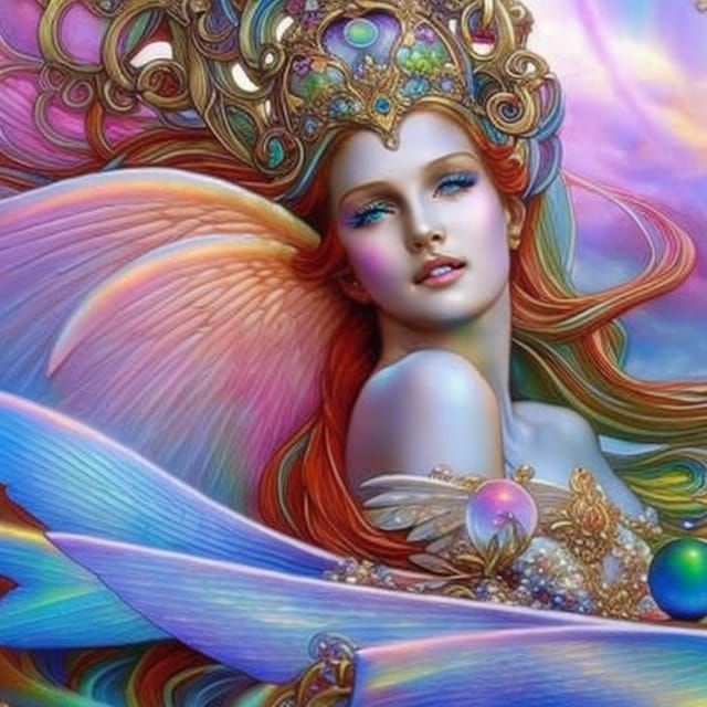Opalescent Fairy Princess with Rainbow Orbs, Art Nouveau