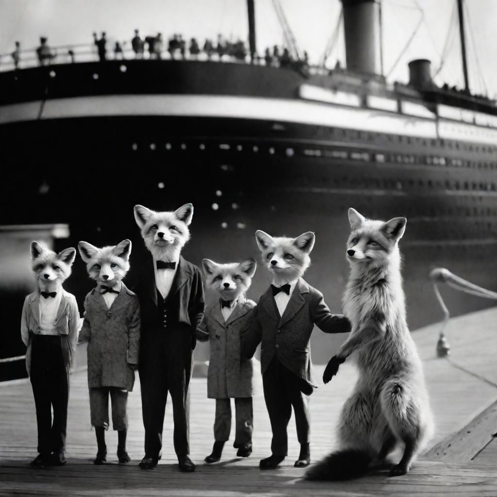Anthro Fox Family Boarding Titanic: 1912 Black and White Pho...